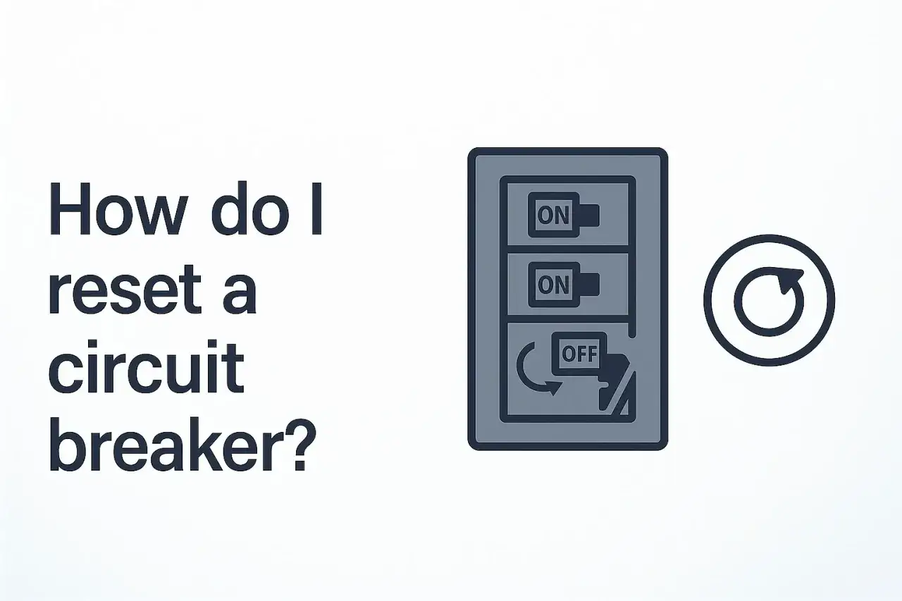 Illustration showing a circuit breaker panel with two switches in the ON position and one in the OFF position, with a circular arrow icon indicating a reset. This visual explains how to handle a breaker switch breakdown.