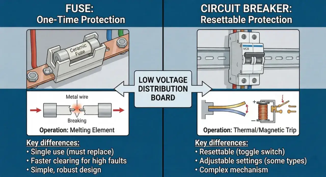 Visual comparison of a fuse (one-time protection, melting element) and a circuit breaker (resettable protection, thermal/magnetic trip), highlighting the difference between them.