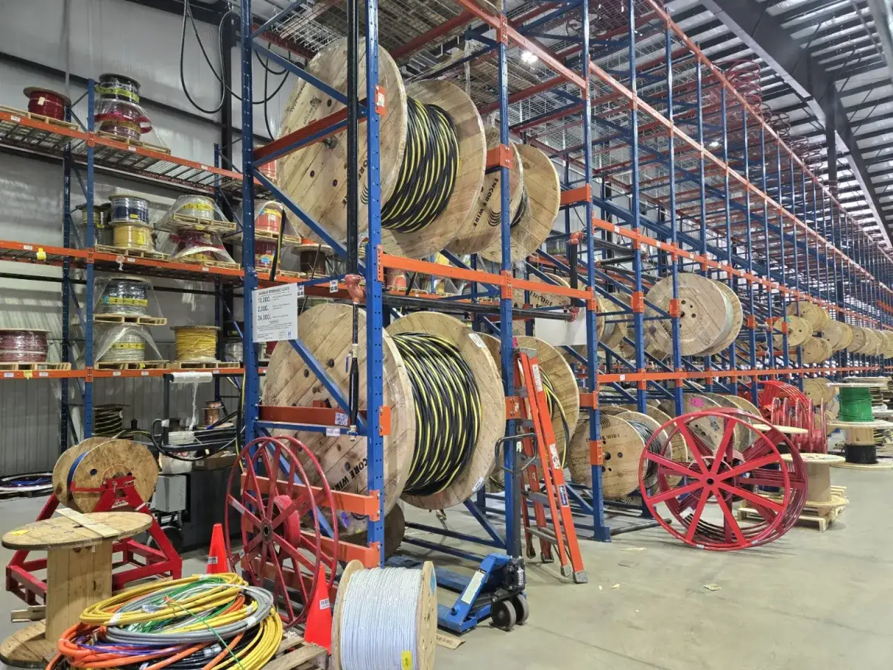 A warehouse filled with large wooden spools of cable, some wrapped in plastic. A bright red ladder leans against a rack, and a pallet of colorful wires sits in the foreground.