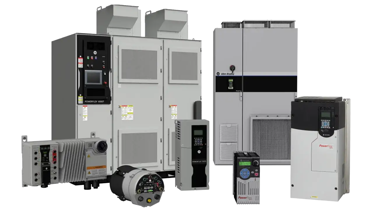A collection of Allen-Bradley PowerFlex variable frequency motor drives and control cabinets, showcasing industrial automation solutions.