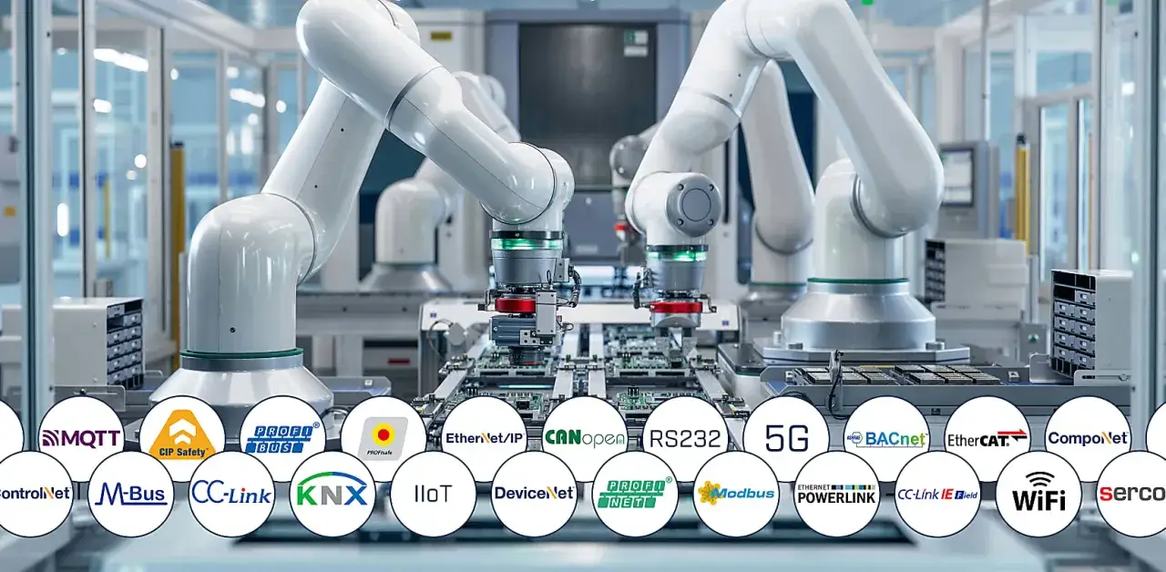 Robotic arms in a factory setting, showcasing various industrial ethernet protocols like EtherNet/IP, EtherCAT, and Modbus, for seamless automation.