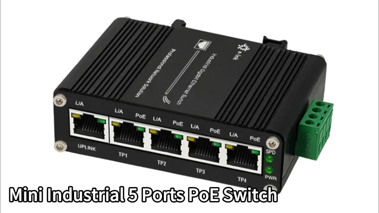 Mini industrial 5-port PoE switch with multiple ethernet port definitions, including UPLINK and TP ports, for robust network connectivity.