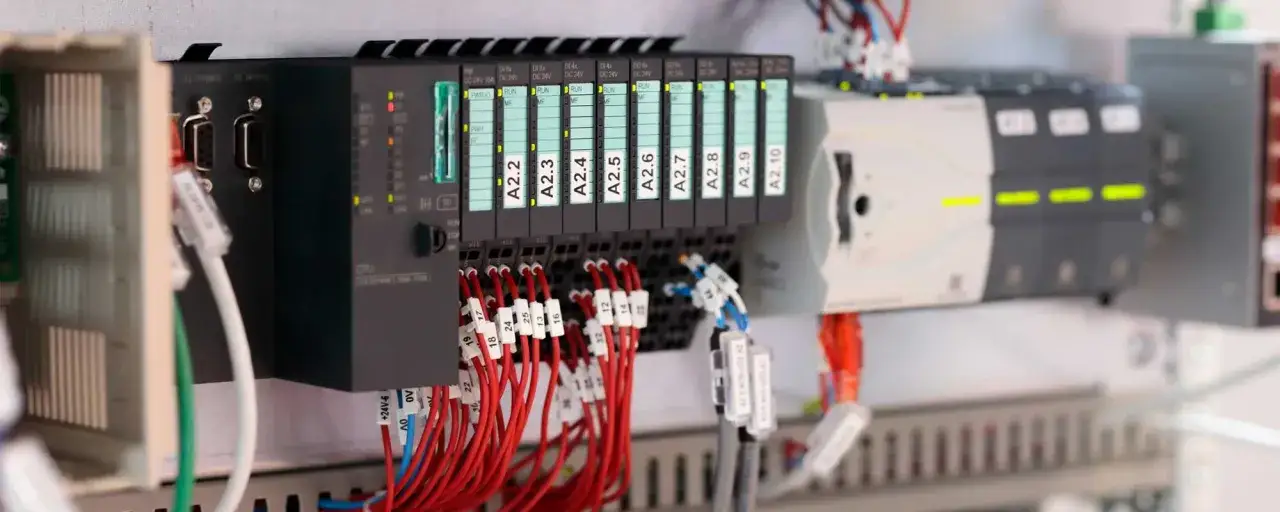 Industrial control system with a Siemens CPU and multiple input/output (io) modules, connected by red wires and network cables.