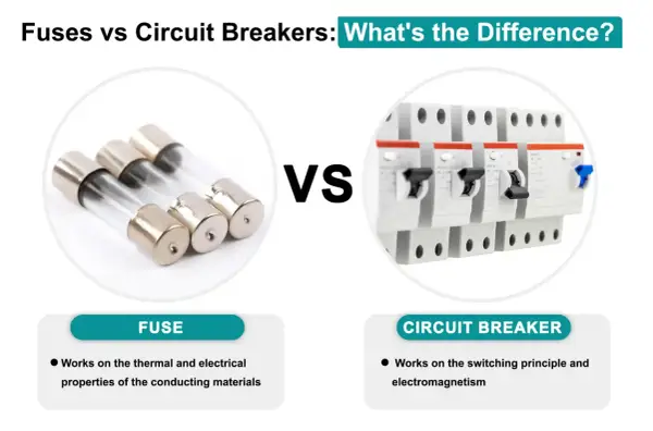 Fuses vs circuit breakers: a comparison of electrical safety devices. Fuses use thermal properties, while circuit breakers use switching and electromagnetism.
