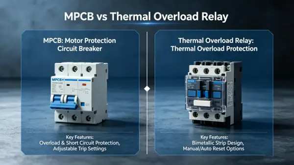MPCB motor circuit protector vs thermal overload relay, showing their distinct designs and key features for motor protection.