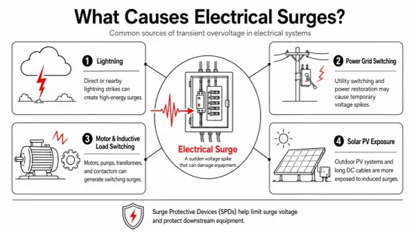 Diagram shows causes of electrical surges: lightning, power grid switching, motor/inductive load switching, and solar PV exposure. An overvoltage is a sudden voltage spike.